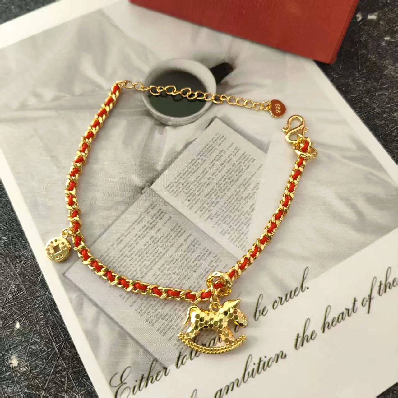 Gold Horse Charm Necklace with Red Braided Cord Necklace - 2