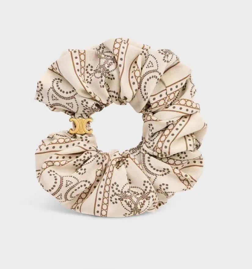 Celine Silk Scrunchie with Geometric Print Beige Accessories - 28