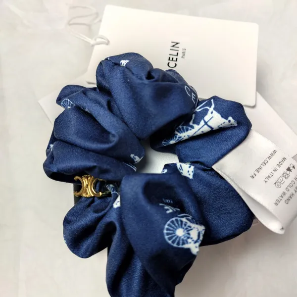 Celine Silk Scrunchie with Geometric Print Beige Accessories - 30