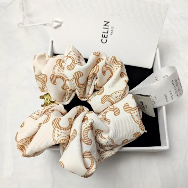 Celine Silk Scrunchie with Geometric Print Beige Accessories - 31
