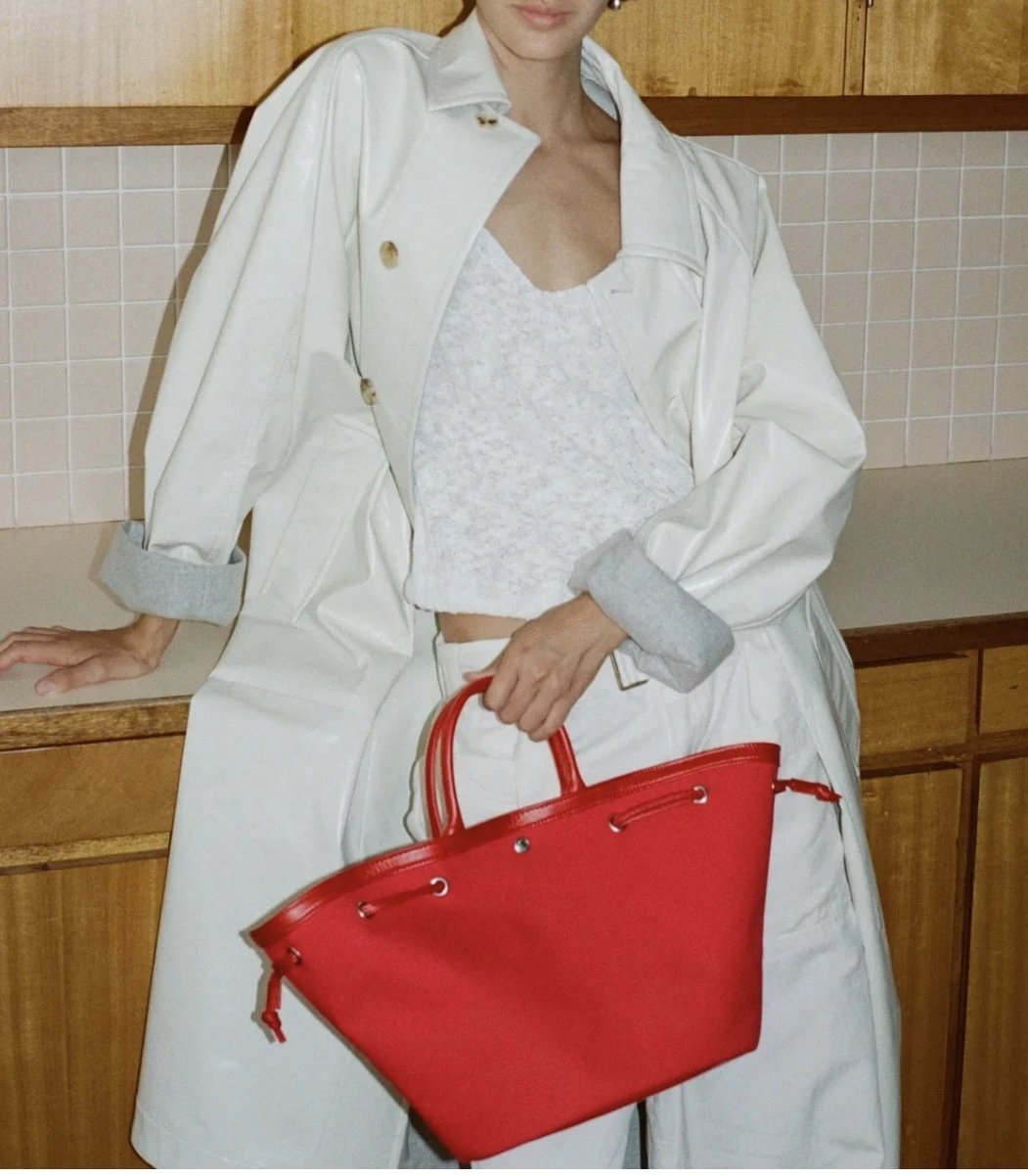 Design Canvas Bucket Bag in Red with Drawstring Closure and Detachable Pouch - 4