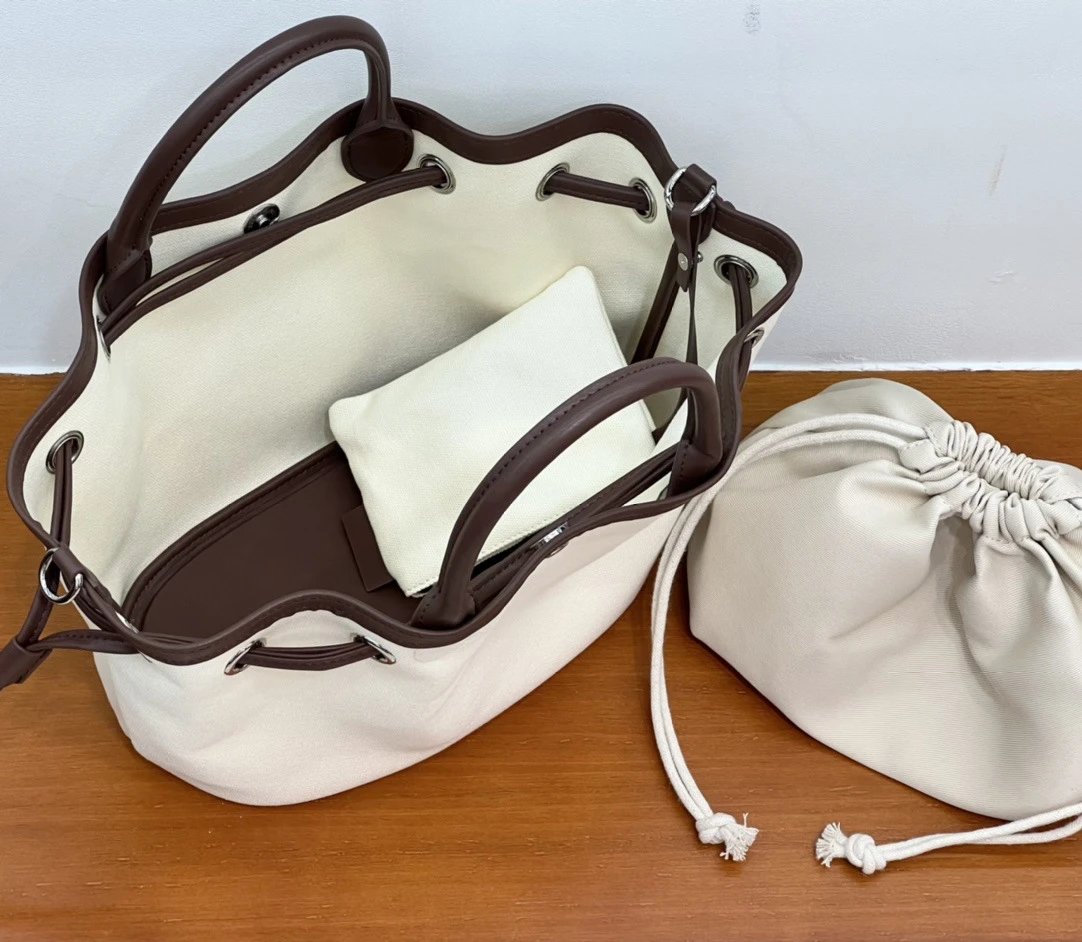 Design Canvas Bucket Bag in Red with Drawstring Closure and Detachable Pouch - 18