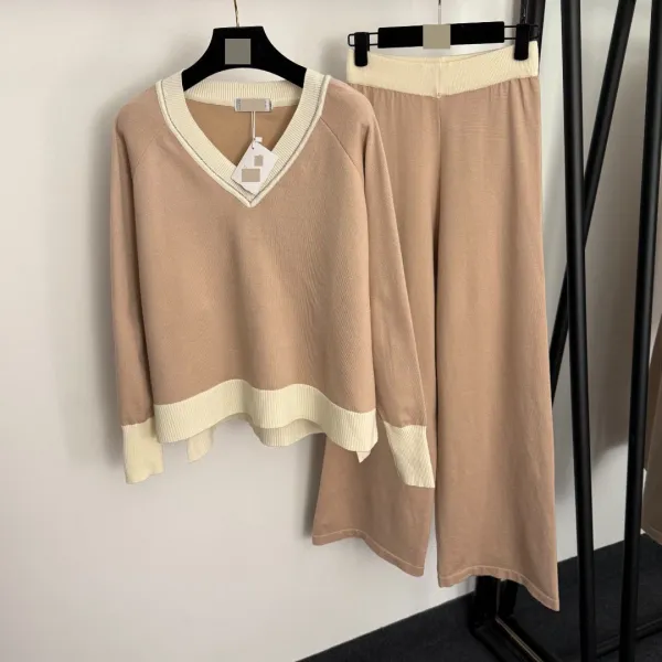 Design Two-Tone V-Neck Sweater and Wide-Leg Pants Set Beige - 5