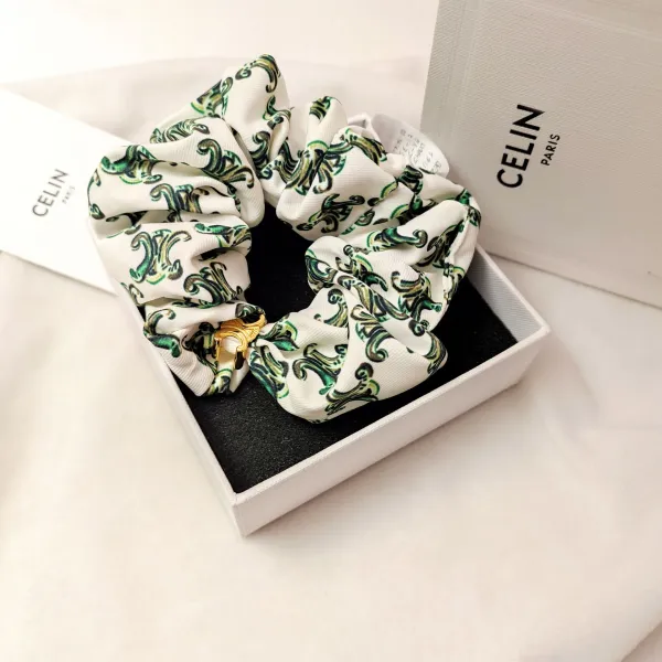 Celine Silk Scrunchie with Geometric Print Beige Accessories - 14