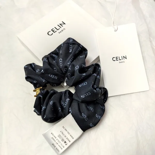 Celine Silk Scrunchie with Geometric Print Beige Accessories - 20