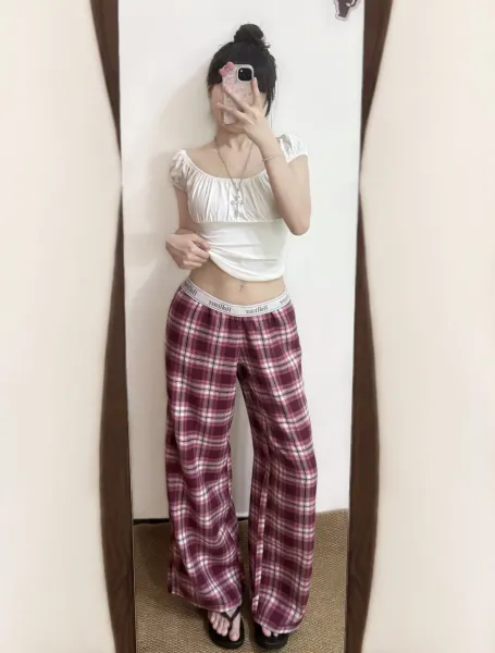Design Plaid Lounge Pants with LOVE Print Burgundy Sleepwear - 19