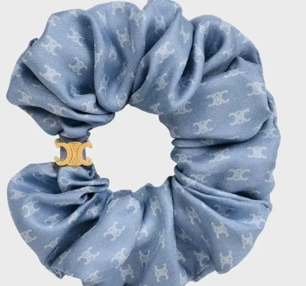 Celine Silk Scrunchie with Geometric Print Beige Accessories - 23