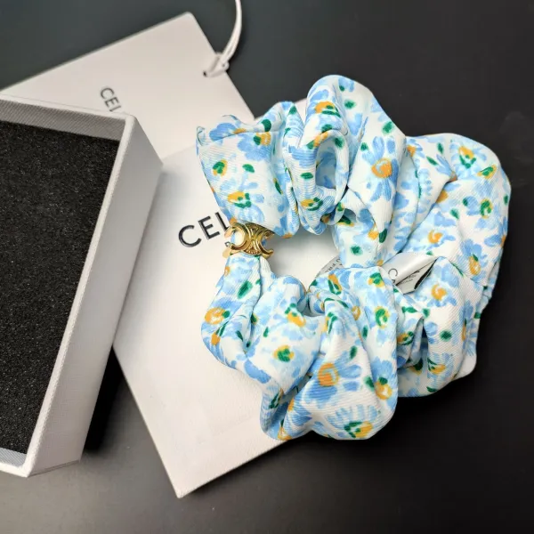 Celine Silk Scrunchie with Geometric Print Beige Accessories - 25