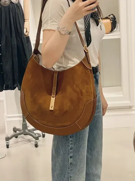Ralph Lauren Hobo Bag Brown Suede with Gold Horse Logo Shoulder Bag - 6