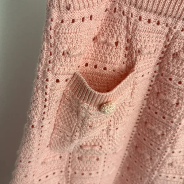 Pink Knit Skirt with Feather Trim and Buttoned Pockets - 10