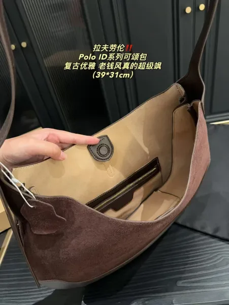 Ralph Lauren Hobo Bag Brown Suede with Gold Horse Logo Shoulder Bag - 22