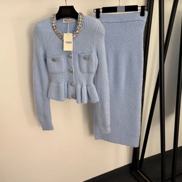Saint Tears Embellished Knit Set Light Blue Cardigan and Skirt - 4