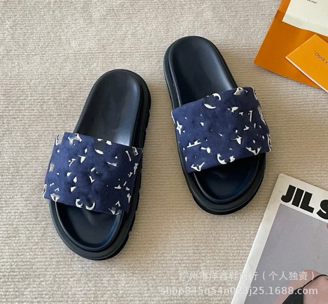 Unbranded Slippers Denim-pattern wide-strap slide product detail image 12