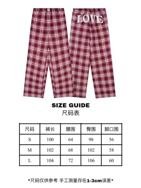 Design Plaid Lounge Pants with LOVE Print Burgundy Sleepwear - 2