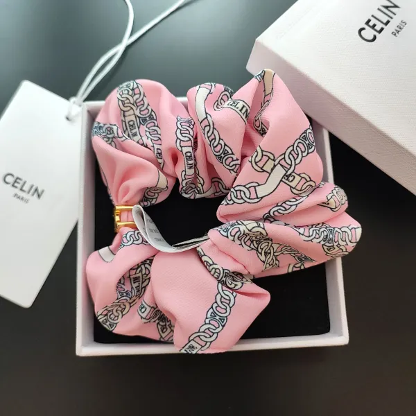 Celine Silk Scrunchie with Geometric Print Beige Accessories - 17
