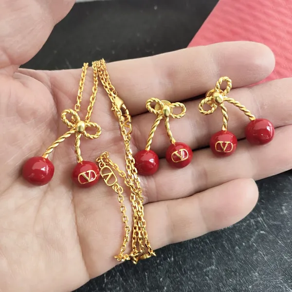Valentino Rockstud Cherry Necklace Red Gold Jewelry - 4