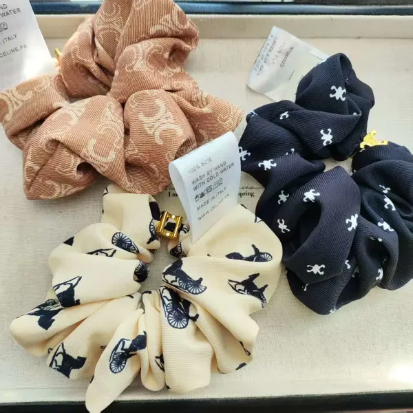 Celine Silk Scrunchie with Geometric Print Beige Accessories - 2