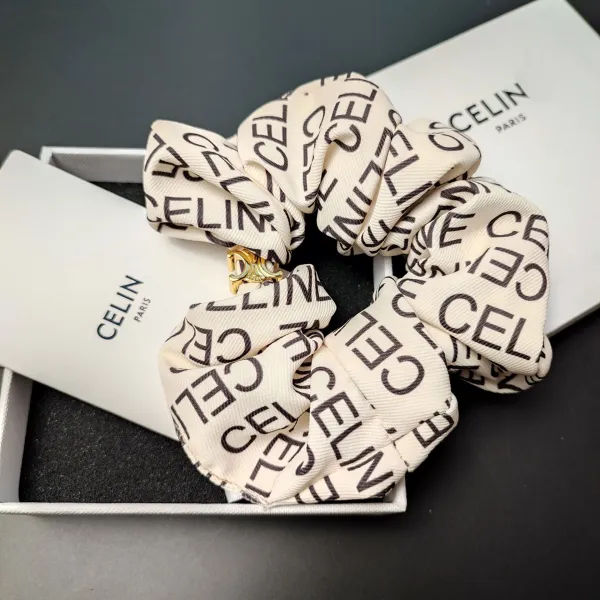 Celine Silk Scrunchie with Geometric Print Beige Accessories - 21