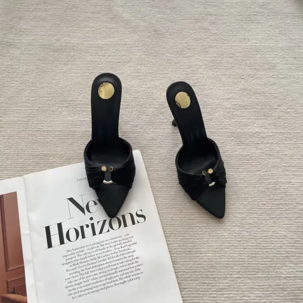 Black Bow-Embellished Pointed-Toe Mule Heels - 5