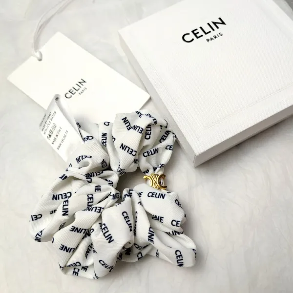 Celine Silk Scrunchie with Geometric Print Beige Accessories - 33