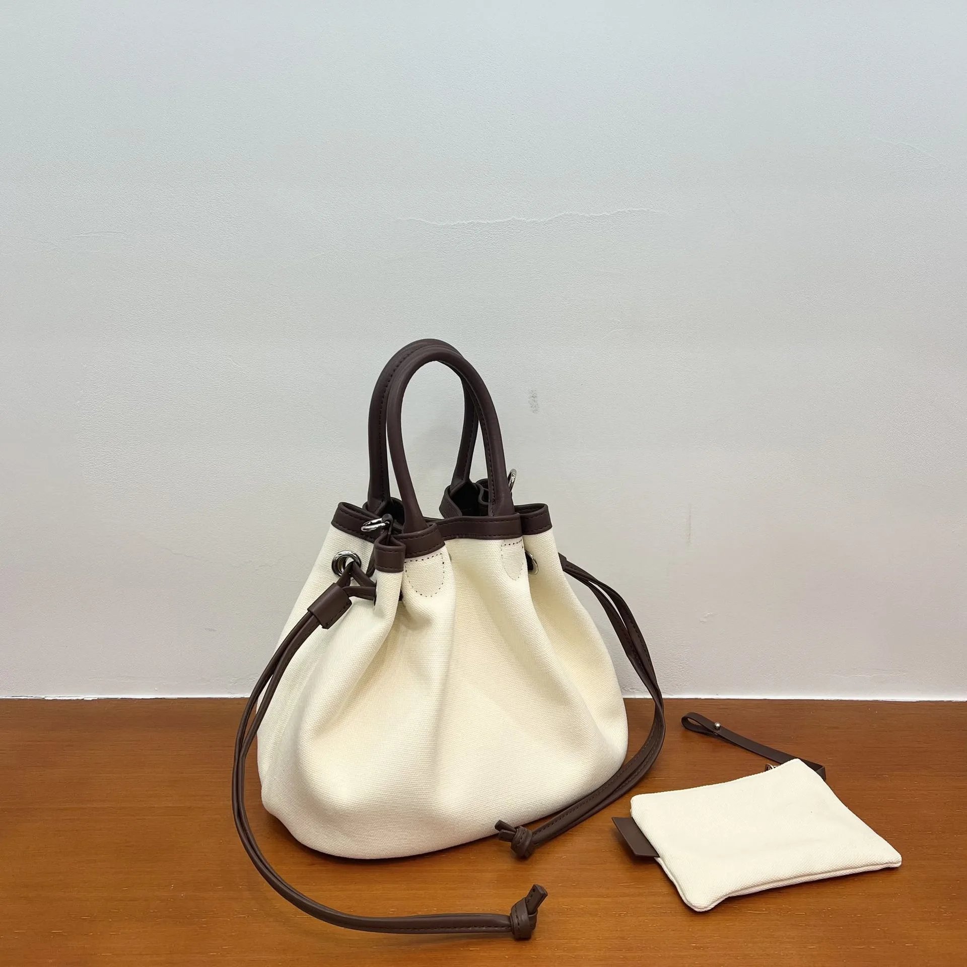 Design Canvas Bucket Bag in Red with Drawstring Closure and Detachable Pouch - 14