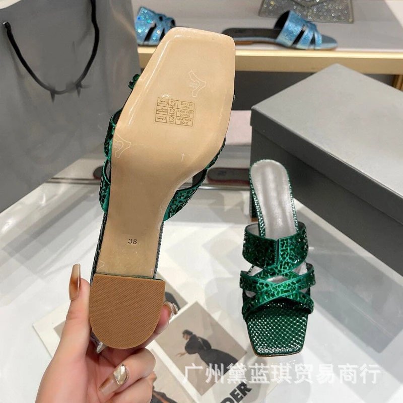 Red Crystal-Embellished Croc-Print Block Heel Mules - 3