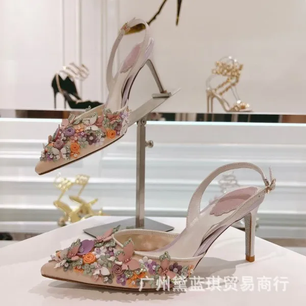 Bene Gao Villa Floral Embellished Slingback Stilettos White - 6
