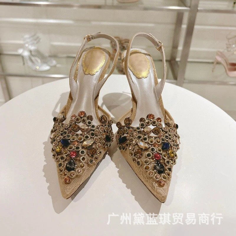 Multicolor Crystal-Embellished Slingback Stiletto Heels