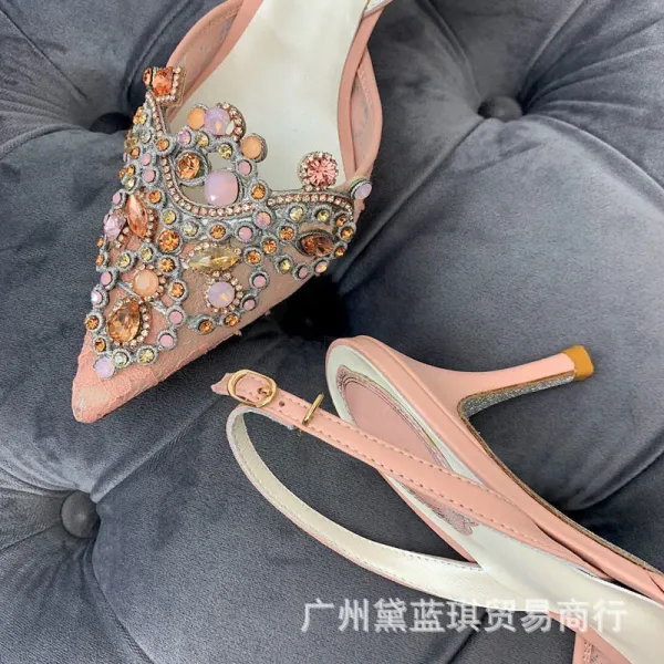 Design Embellished Red Lace Slingback Stilettos - 4