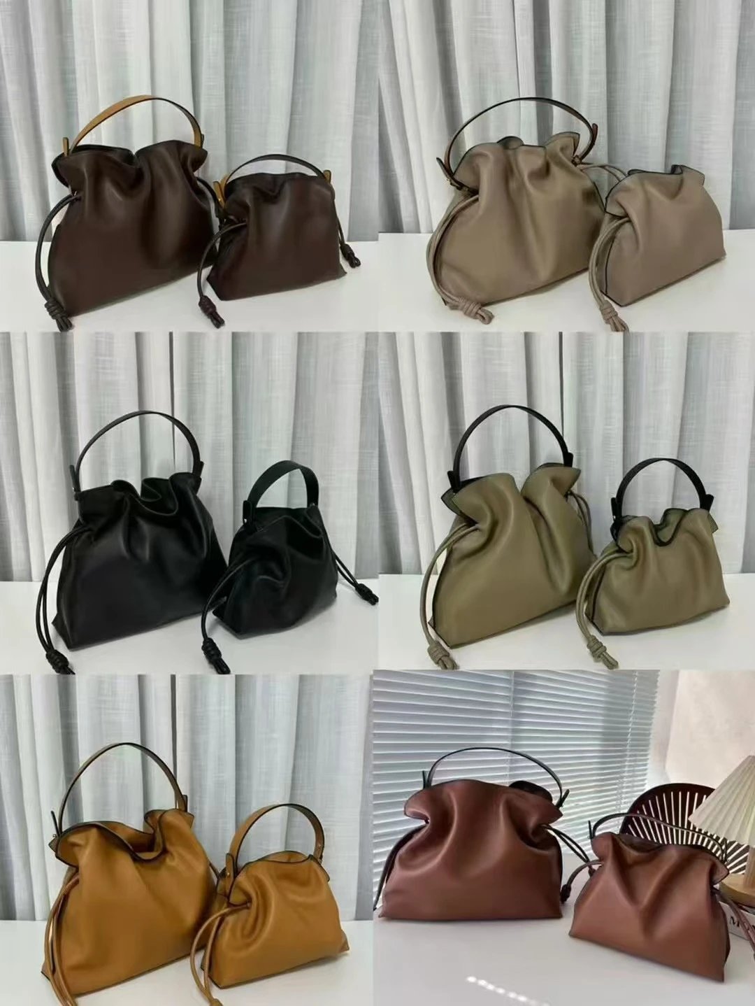 Loewe Flamenco Bucket Bag in Brown, Beige, Black, Olive, Tan, and Burgundy