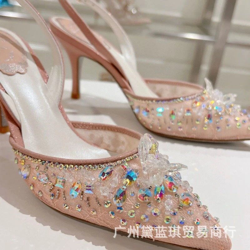 Design Crystal-Embellished Pink Pointed-Toe Slingback Heels - 3