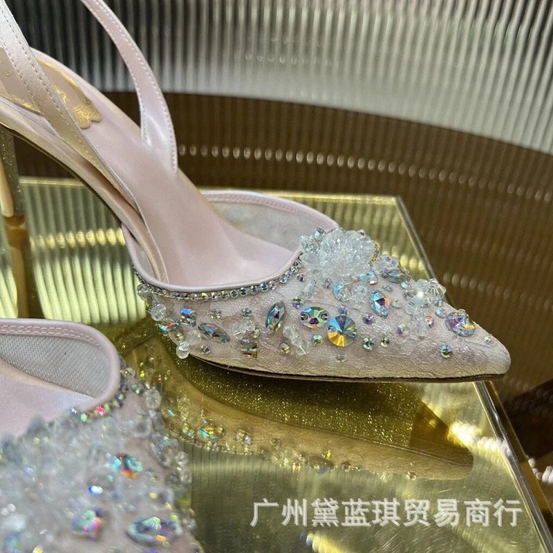 Design Crystal-Embellished Pink Pointed-Toe Slingback Heels - 11