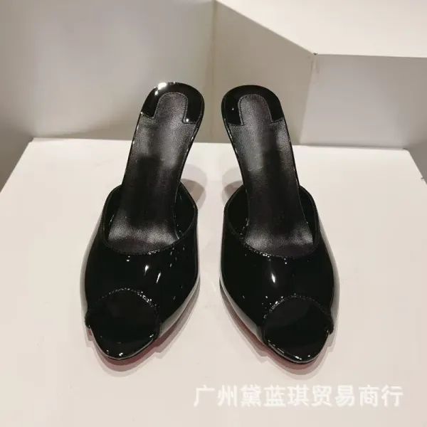 Red Patent Leather Peep-Toe Mule Heels - 2