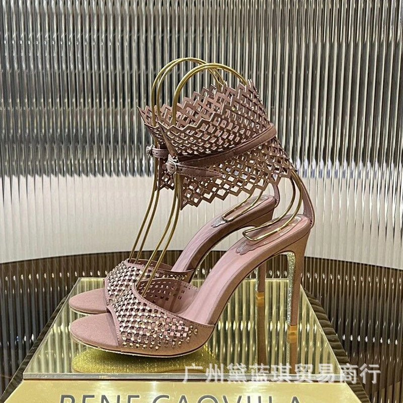 R Elastic Soft Suede Hollow-Out Rhinestone Bohemian High Heel Sandals for Women: findsindex.com