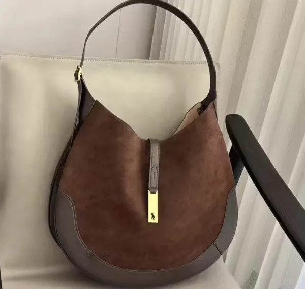 Ralph Lauren Hobo Bag Brown Suede with Gold Horse Logo Shoulder Bag - 19
