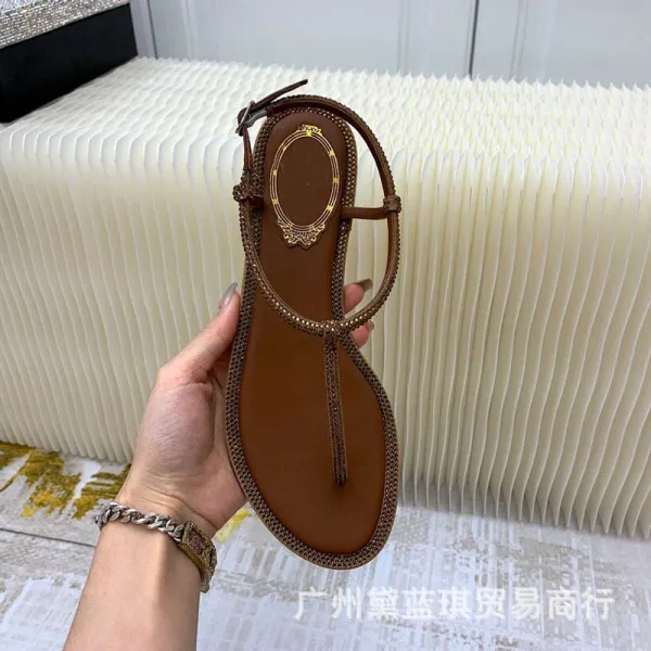 Rainbow Crystal-Embellished T-Strap Flat Sandals - 7