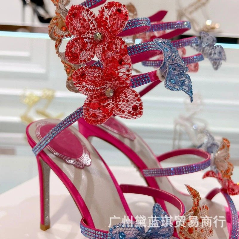 Clear Strap Floral Embellished Stiletto Heels Pink Transparent Sandals - 4