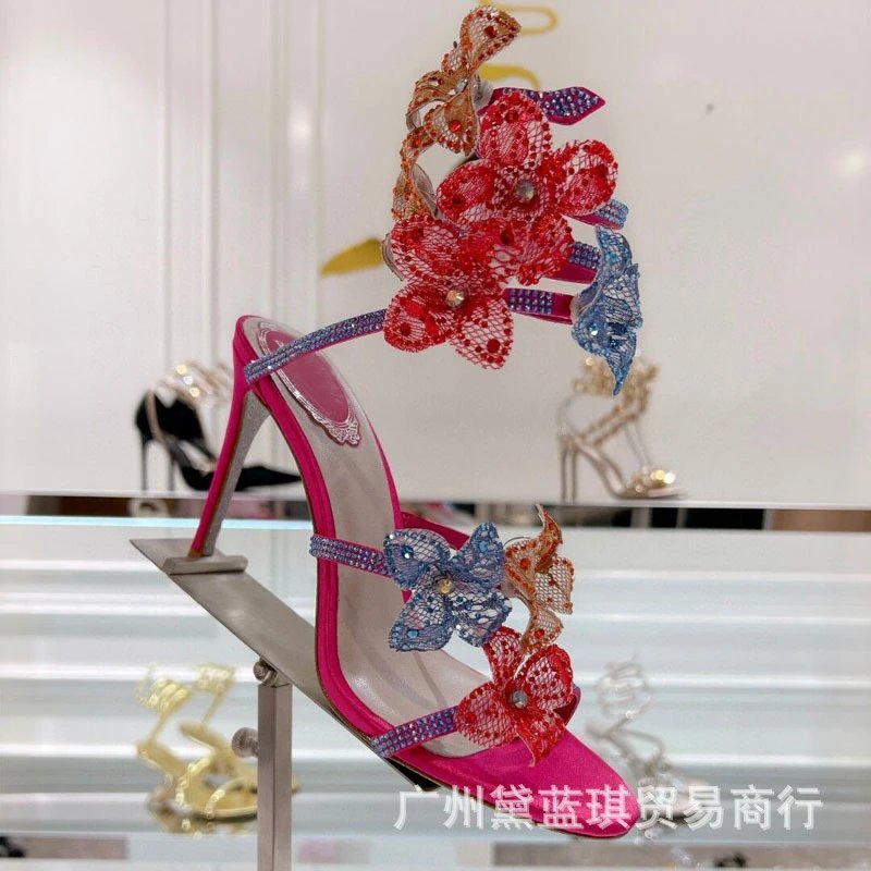 Clear Strap Floral Embellished Stiletto Heels Pink Transparent Sandals - 5