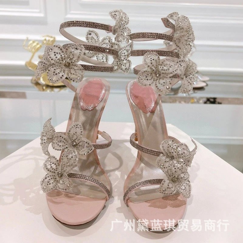 Clear Strap Floral Embellished Stiletto Heels Pink Transparent Sandals - 9