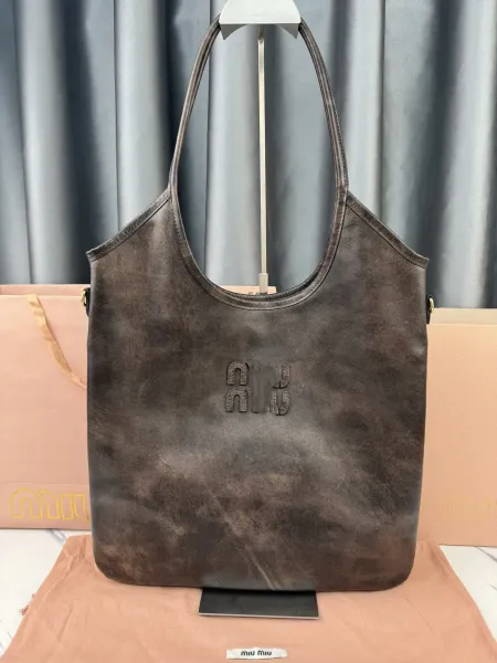 Miu Miu Logo-Embossed Distressed Brown Tote Bag - 11