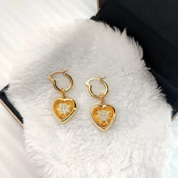 Gold Heart Charm Hoop Earrings with Crystal Cluster - 6
