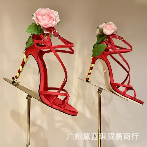 Christian Louboutin Flower-Embellished Strappy Red Stilettos - 6