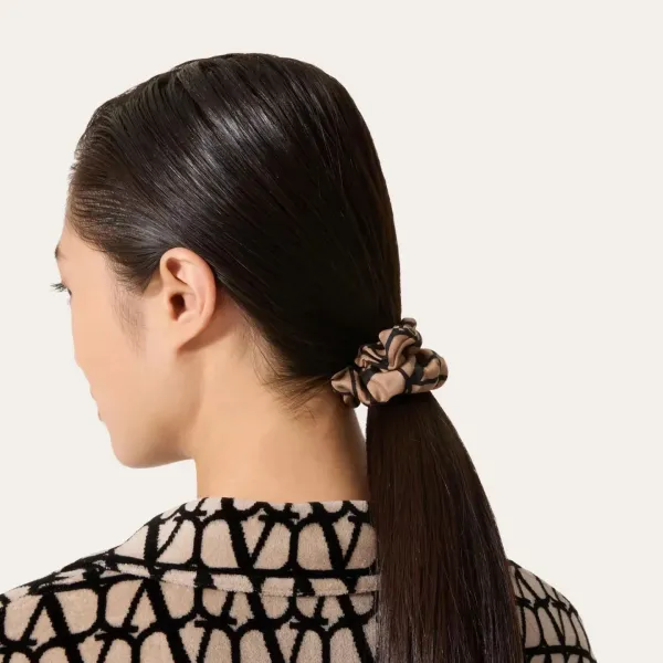 Valentino VLogo Print Silk Scrunchie in Red and Beige - 4