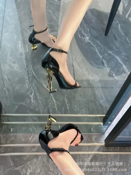 Saint Laurent Tribute Patent Black Square-Toe Ankle-Strap Heels - 4