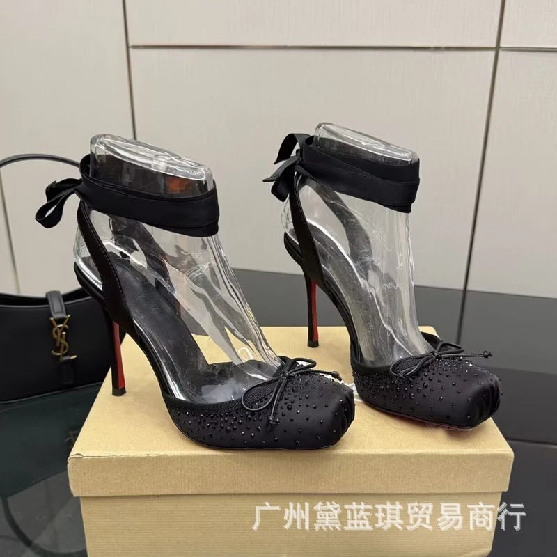 Red Satin Bow-Embellished Clear Ankle Strap Stilettos - 8