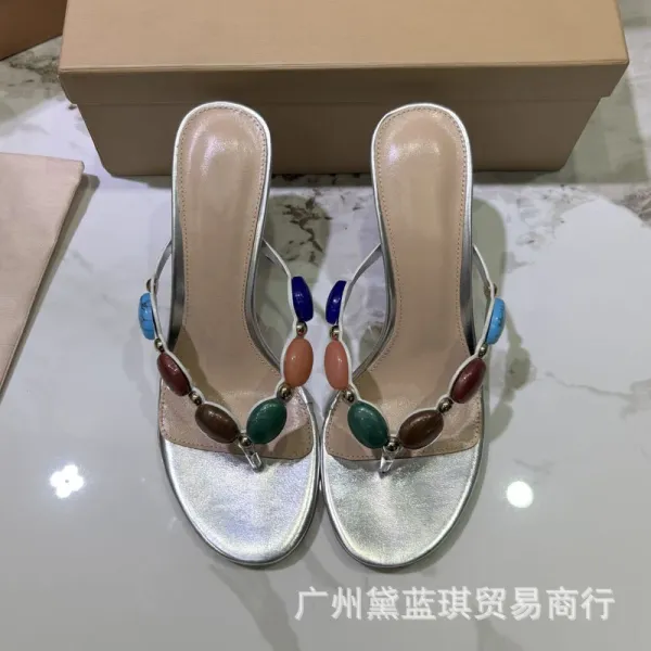 Multicolor Beaded Toe-Post Heeled Sandals - 10