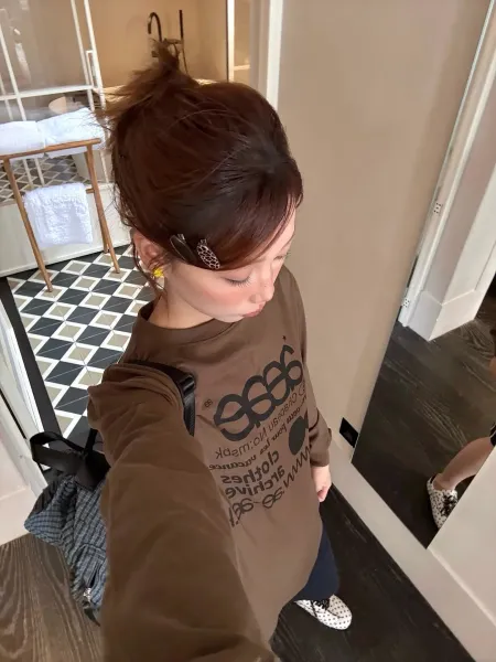 GRA Graphic Print Long-Sleeve Top in Charcoal with Polka Dot Skirt and Brown Combat Boots - 40