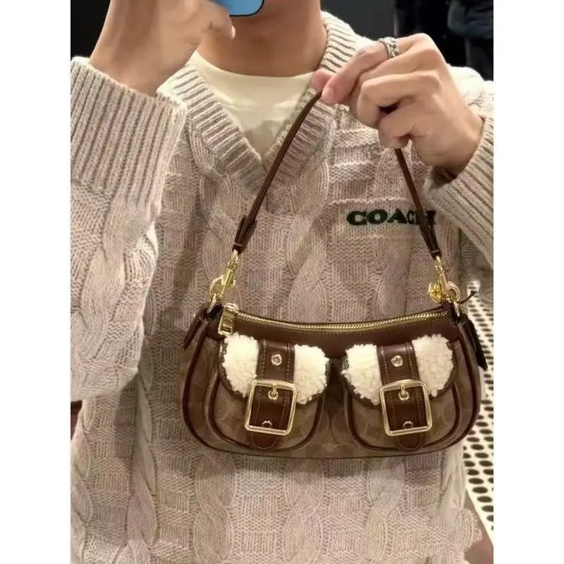 Coach Fleece-Trimmed Hobo Bag Brown - 5