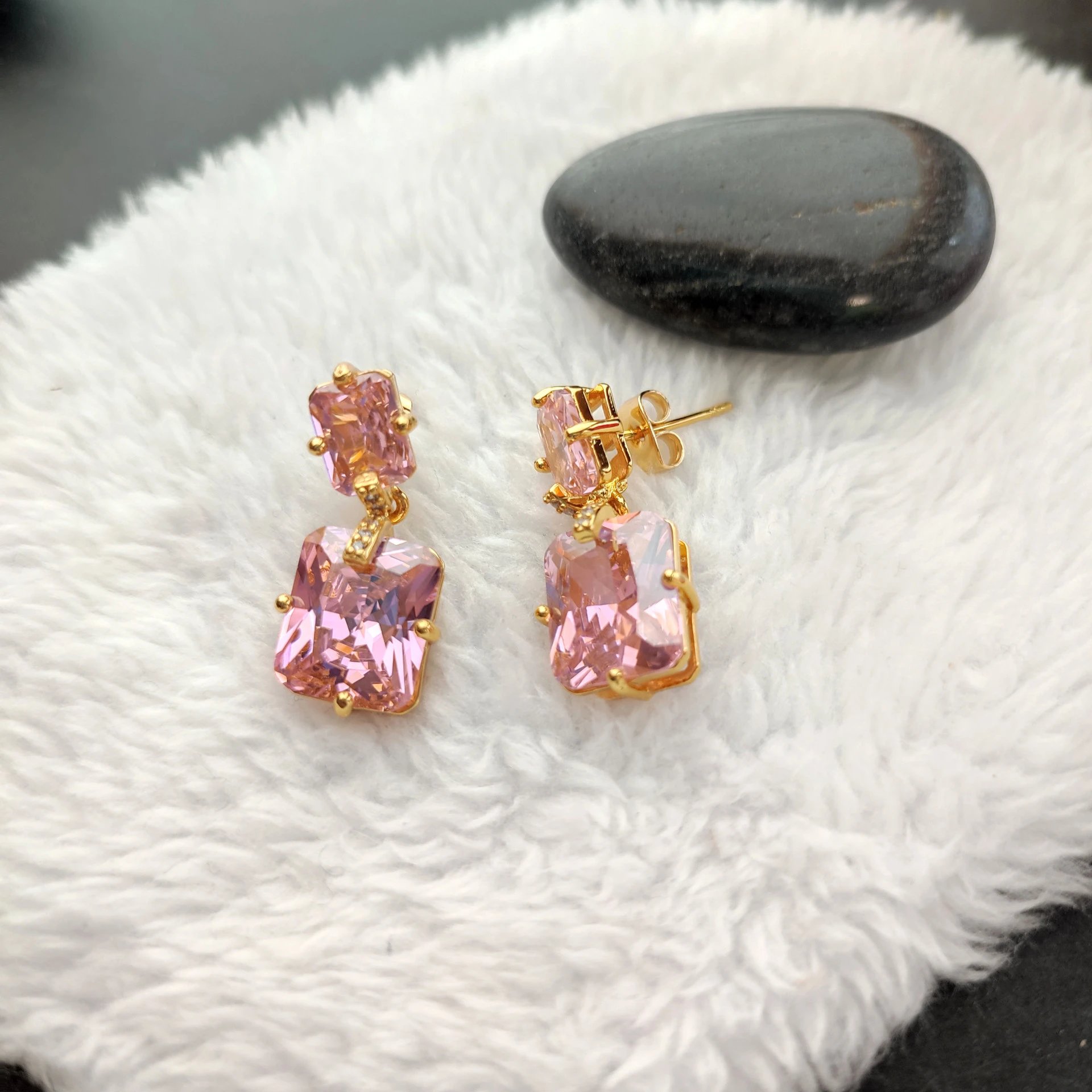 Pink Square-Cut Crystal Drop Earrings in Gold-Tone Setting - 4