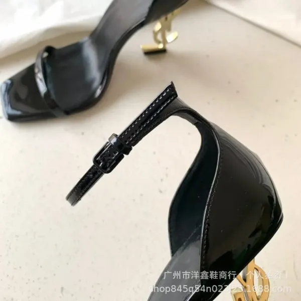 Saint Laurent Tribute Patent Black Square-Toe Ankle-Strap Heels - 13